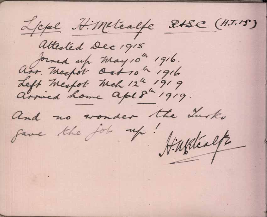 St Paul's Methodist church WW1 Memorial Autograph Book  - L/Cpl. H. Metcalfe