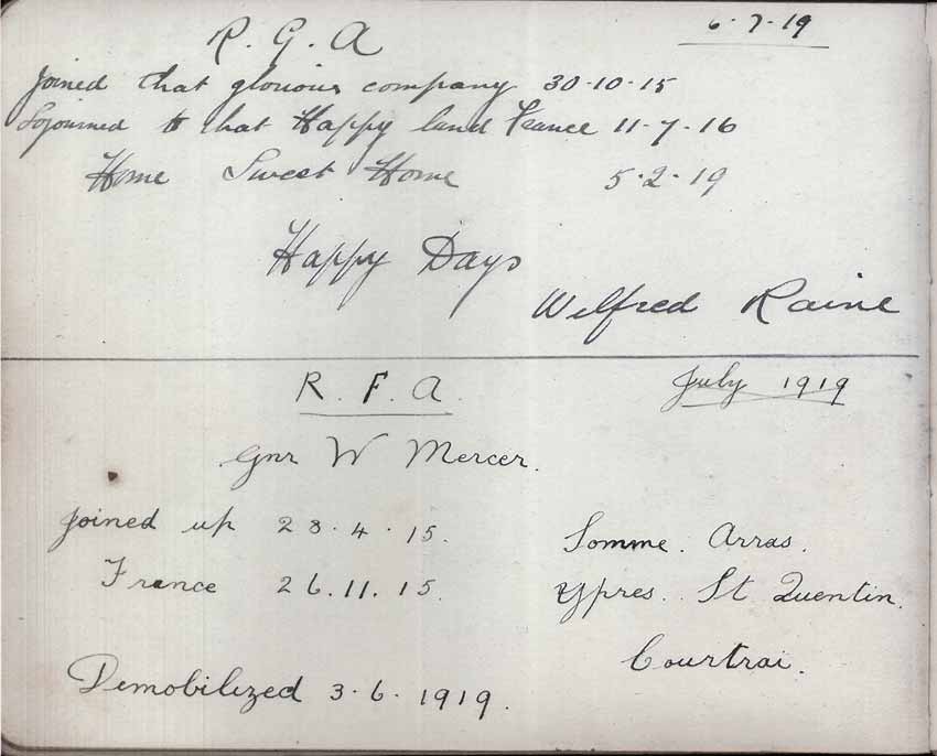 St Paul's Methodist church WW1 Memorial Autograph Book  - Wilfred Raine & Gunner W. Mercer