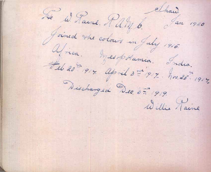 St Paul's Methodist church WW1 Memorial Autograph Book  - Private Willie Raine