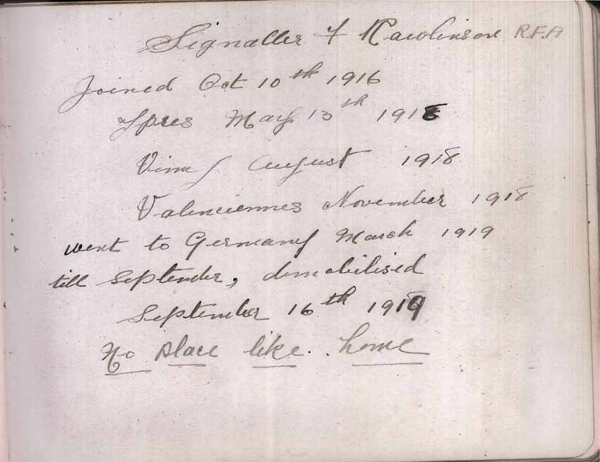 St Paul's Methodist church WW1 Memorial Autograph Book  - Signaller F. Rawlinson