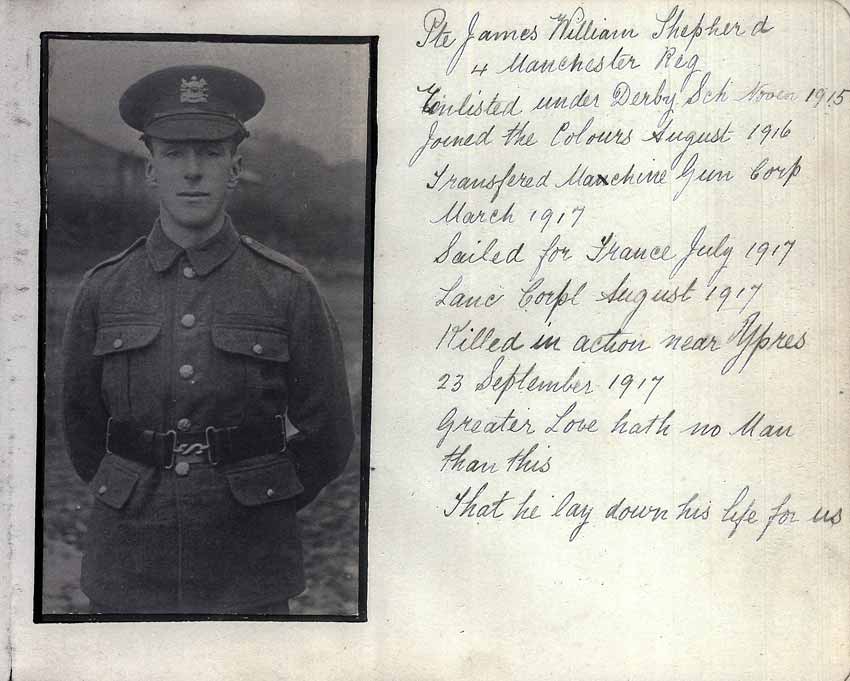 St Paul's Methodist church WW1 Memorial Autograph Book  -  Private James William Shepherd, 82182