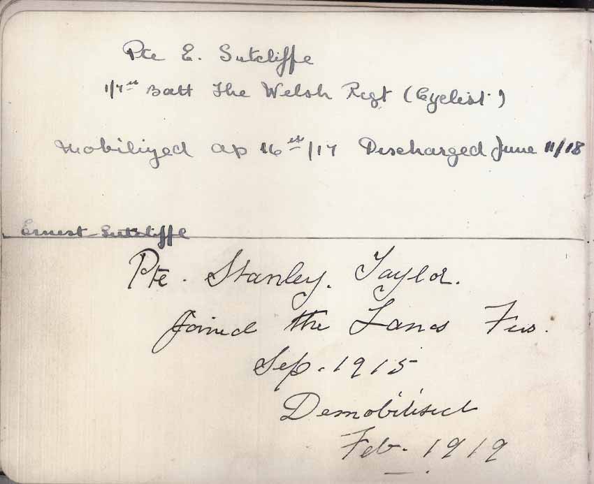 St Paul's Methodist church WW1 Memorial Autograph Book  - Private Ernest Sutcliffe & Private Stanley Taylor 