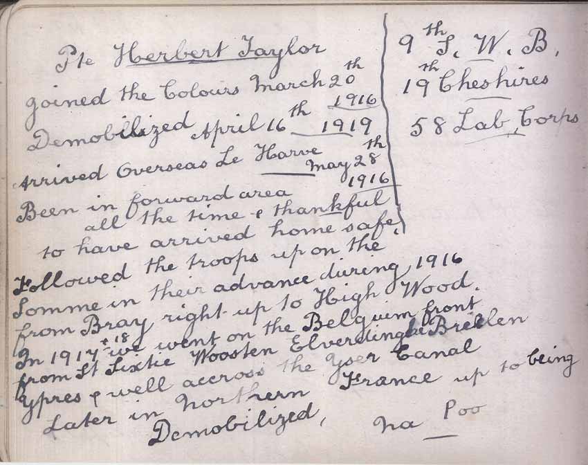 St Paul's Methodist church WW1 Memorial Autograph Book  - Private Herbert Taylor