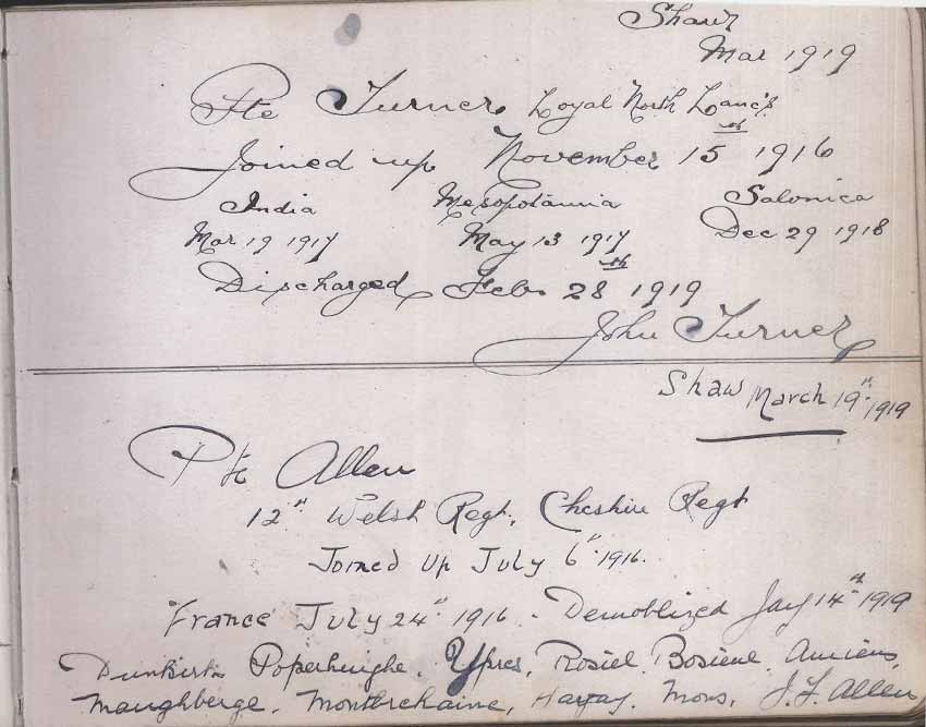 St Paul's Methodist church WW1 Memorial Autograph Book  - Private John Turner & Private J.F. Allen