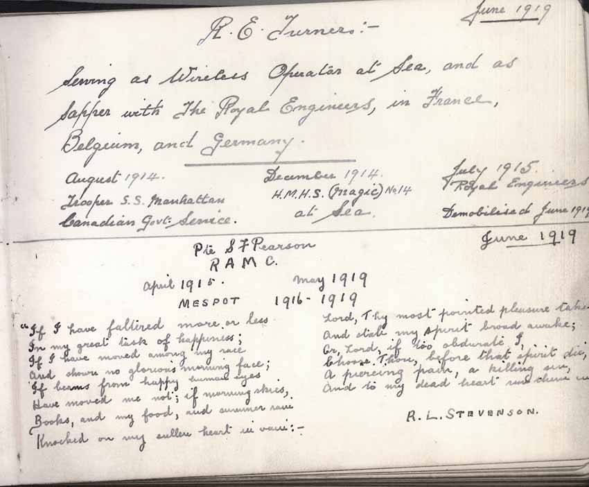 St Paul's Methodist church WW1 Memorial Autograph Book  - R.E. Turner & Private S.F. Pearson 