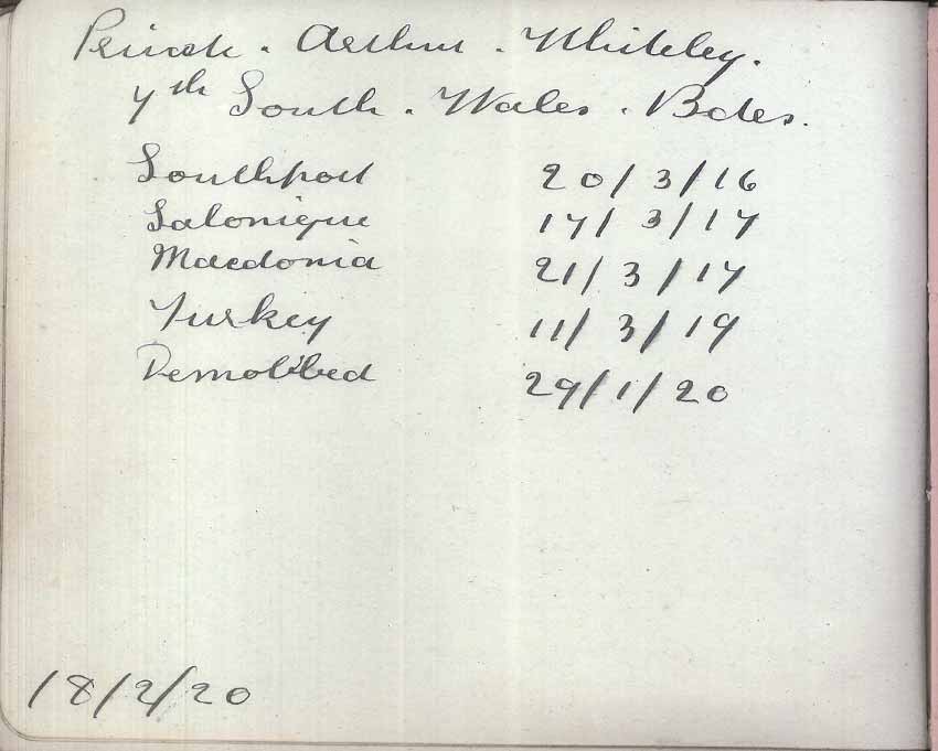 St Paul's Methodist church WW1 Memorial Autograph Book  - Private Arthur Whiteley