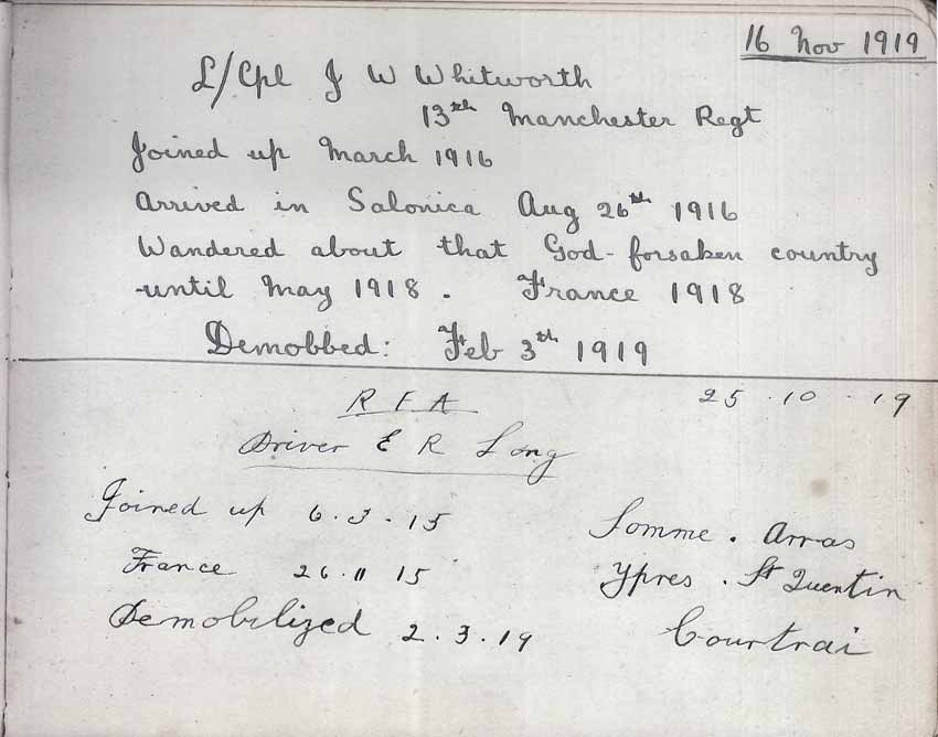 St Paul's Methodist church WW1 Memorial Autograph Book  -  Lance Corporal J.W. Whiitworth &  Driver E.R. Long