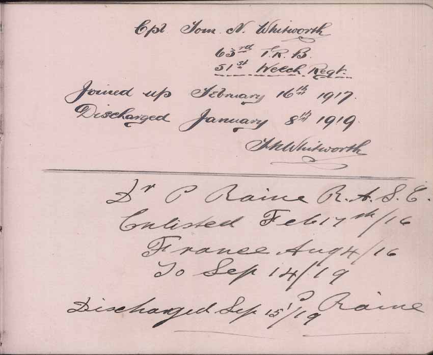 St Paul's Methodist church WW1 Memorial Autograph Book  - Cpl. Tom N. Whitworth & Driver P. Raine