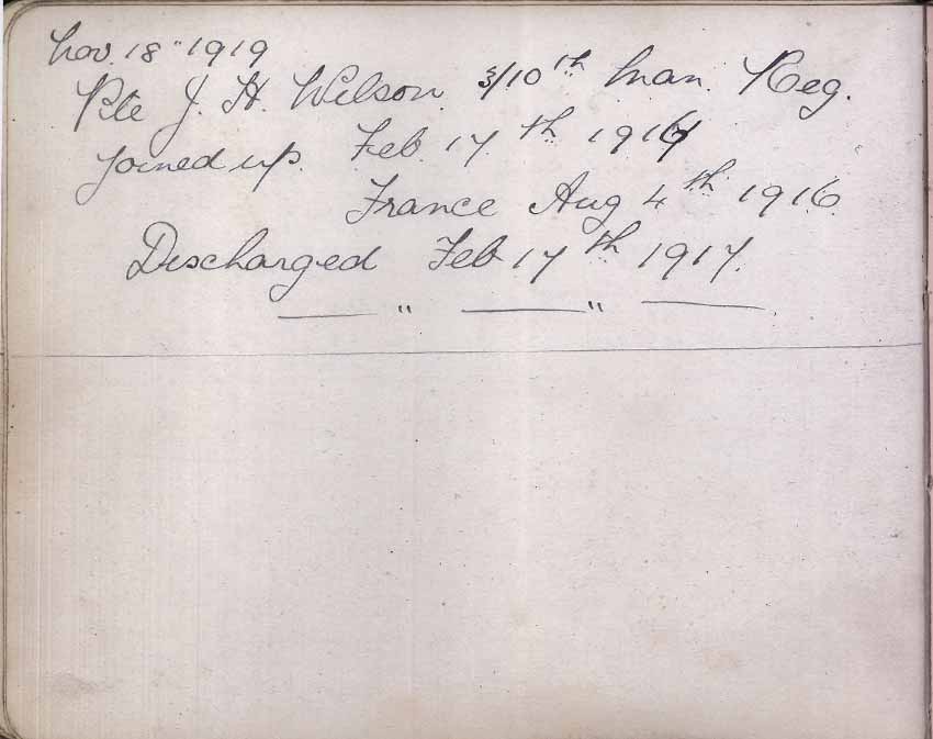 St Paul's Methodist church WW1 Memorial Autograph Book  - Private J.H. Wilson,