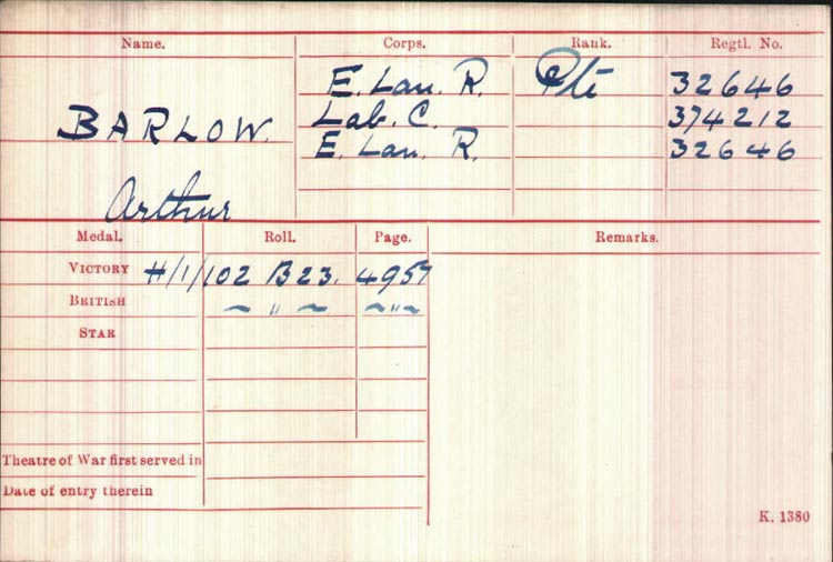 Private Arthur Lumb Barlow, medal index card