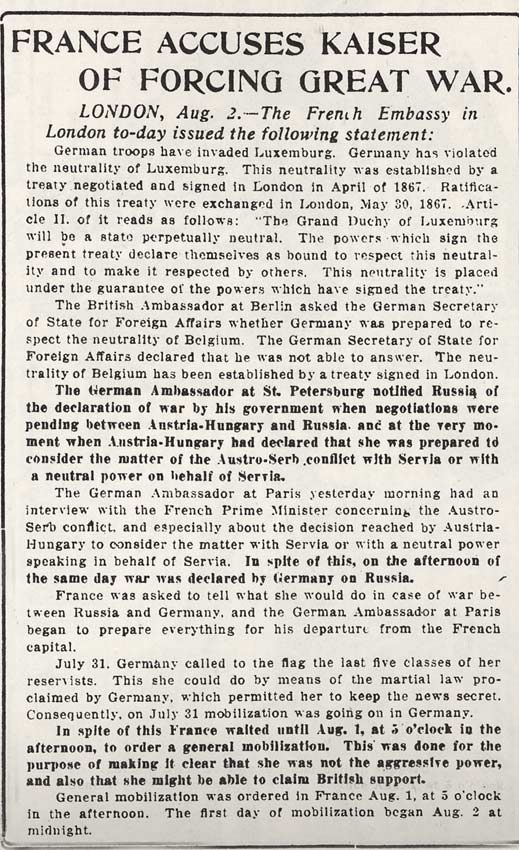 from : 'The World' Monday August 3rd 1914