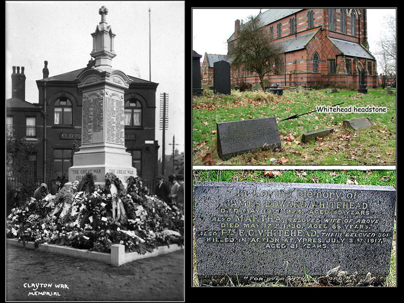 Edward Garside Whitehead Remembered on Clayton (Manchester) War Memorial and on his Parents' headstone in St. Cross Churchyard 