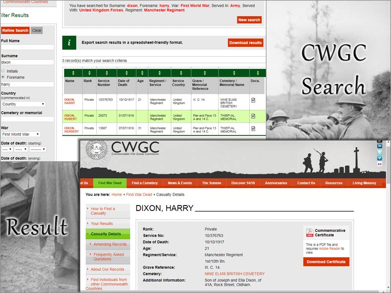 Example of Search Result on Commonwealth War Graves Commission Website.