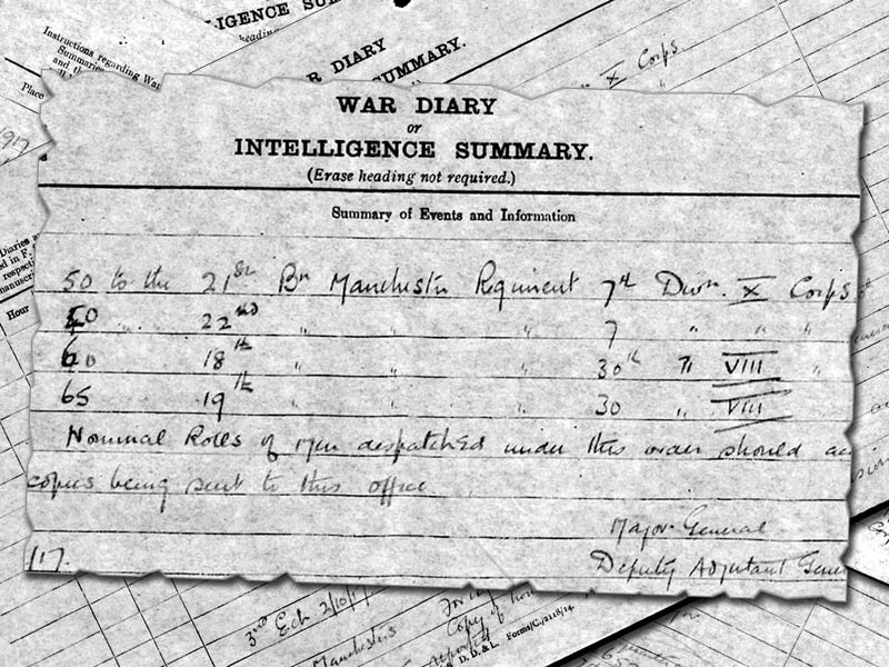 Manchester Regiment, 24th Battalion (Oldham Comrades) Example from War Diaries