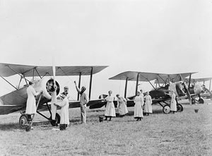 WRAF aircraft cleaners working on Sopwith 1½ Strutter biplanes.
