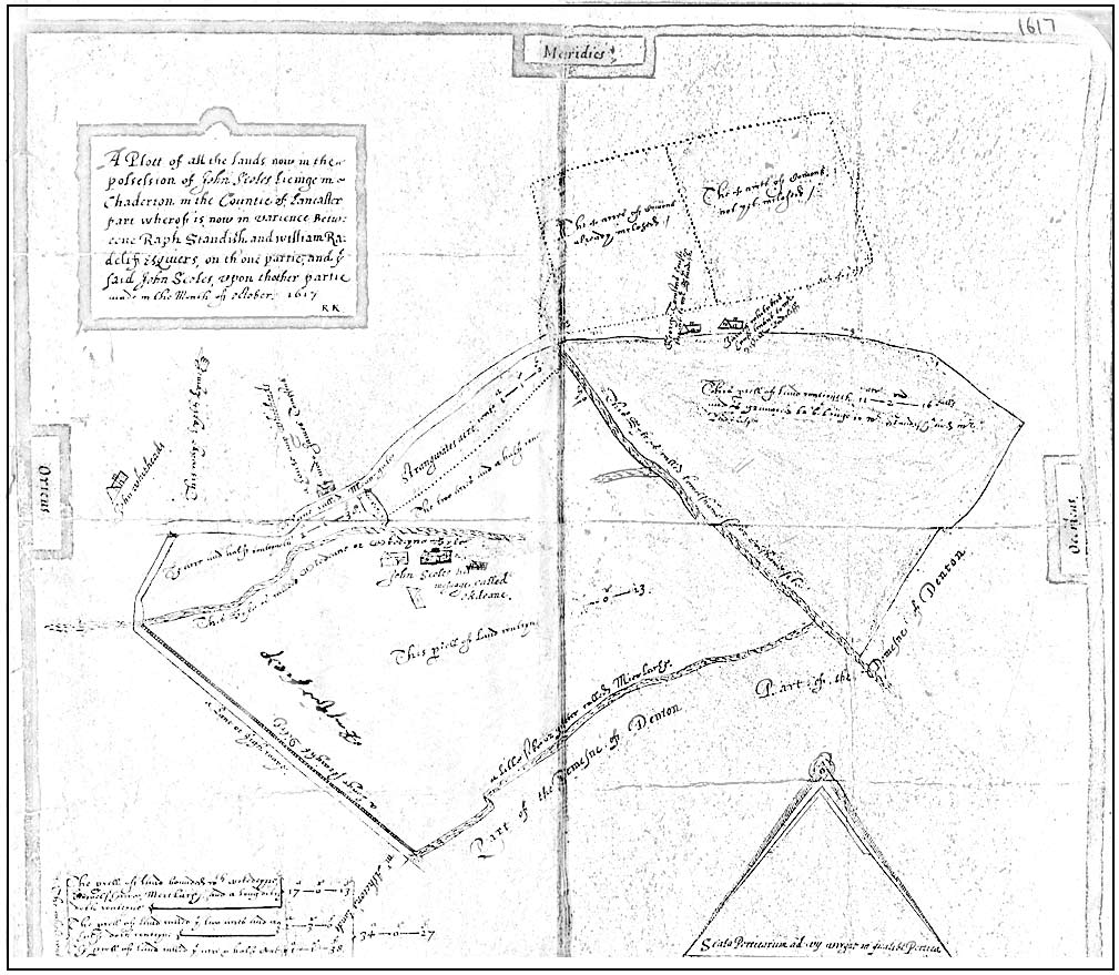 A photocopy of a Map from 1617 showing a part of Chadderton.