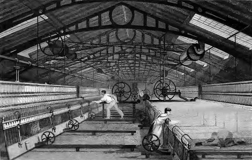 Mule spinning machines at work in one of the earliest mills