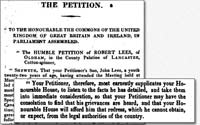 Inquest of John Lees, Oldham, September 1819 - John's father, Robert, petitions parliament to give john and himself the justice denied by the Courts.