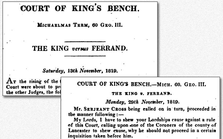 Inquest of John Lees, Oldham, September 1819 - The court in London considers whether or not to allow the Oldham inquest to continue.