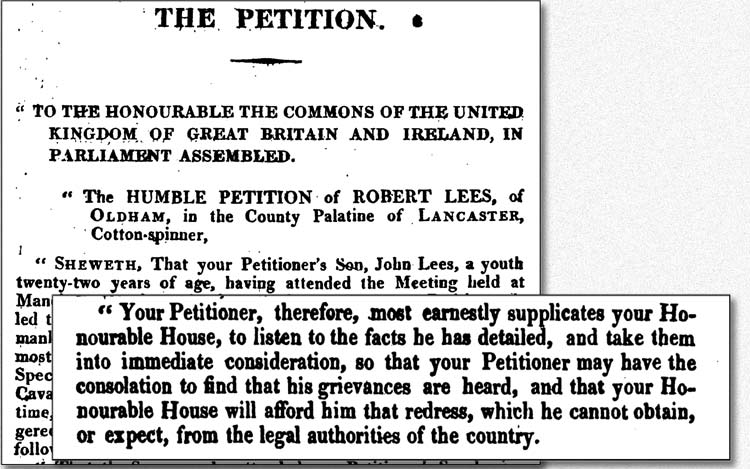 Inquest of John Lees, Oldham, September 1819 - John's father, Robert, petitions parliament to give john and himself the justice denied by the Courts.