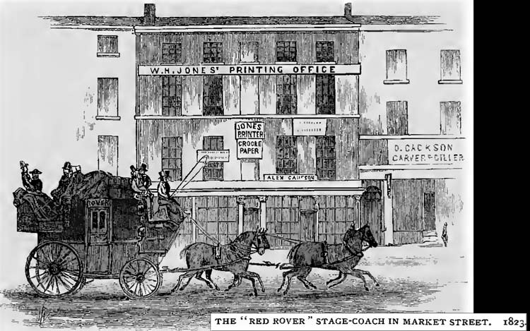 The 'Red Rover' Stage Coach in market Street, manchester, 1823