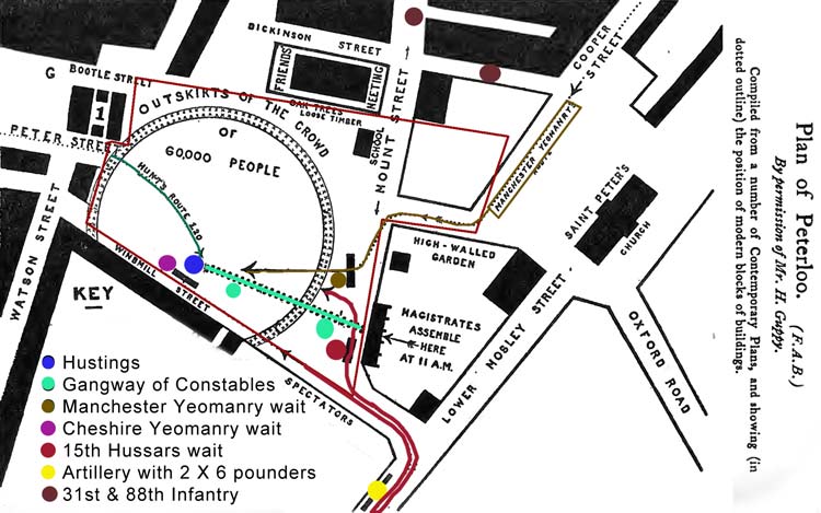 Diagram of Peterloo locality with troop disposition and movement on 16th August 1819