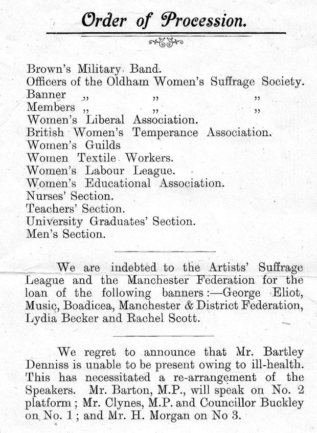 1912 Oldham Suffrage Society Procession - Order of Procession