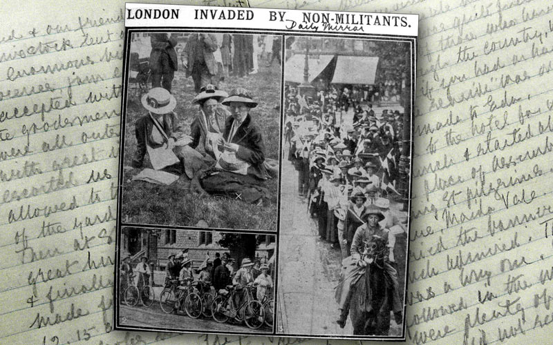 Oldham Women's Suffrage Society, 1913, NUWSS Suffragist Pilgrimage newspaper clipping from the Commemoration Album presented to retiring President, Marjory Lees