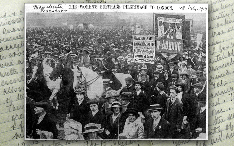 Oldham Women's Suffrage Society, 1913, NUWSS Suffragist Pilgrimage newspaper clipping from the Commemoration Album presented to retiring President, Marjory Lees