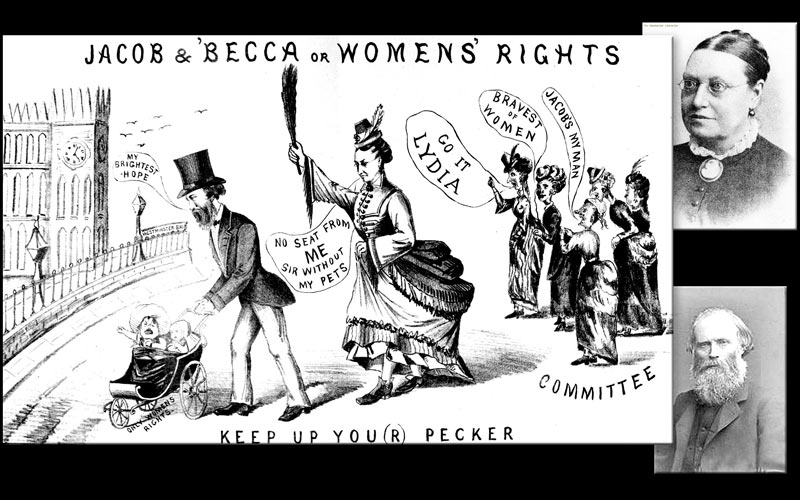cartoon of Lydia Becker and MP Jacob Bright