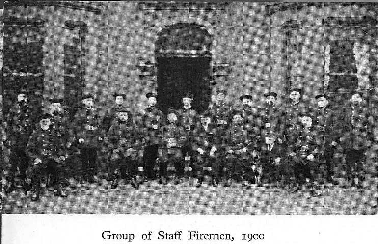 'OLDHAM CENTENARY : 1849 - 1949' - GROUP OF STAFF FIREMEN, 1900