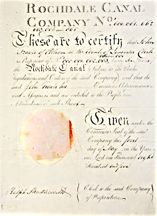 Rochdale Canal company Share Cetificate