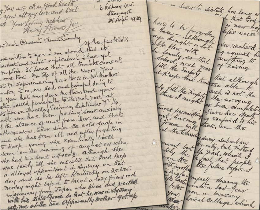 Pages from a letter written by young Harry Freame, to family in England,